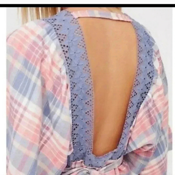 Free People Boho,Plaid/Lace Open Back Cottagecore Batwing Blouse XS - Picture 2 of 12